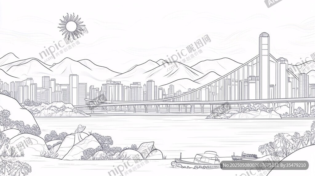 城市山水橋梁線描風景圖