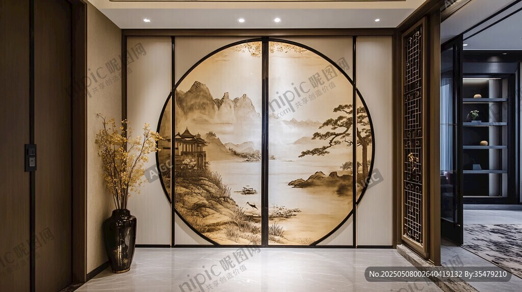 中式玄關(guān)山水圓屏裝飾畫