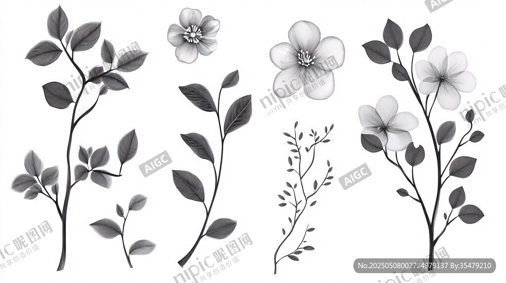 黑白花卉枝葉插畫素材