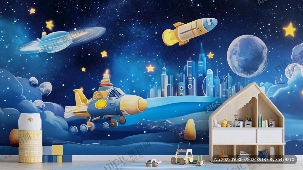 夢幻宇宙主題兒童房背景墻