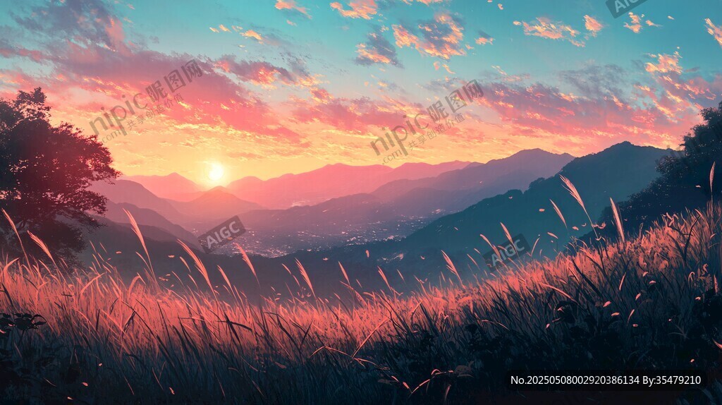 夕陽下的山野浪漫景色