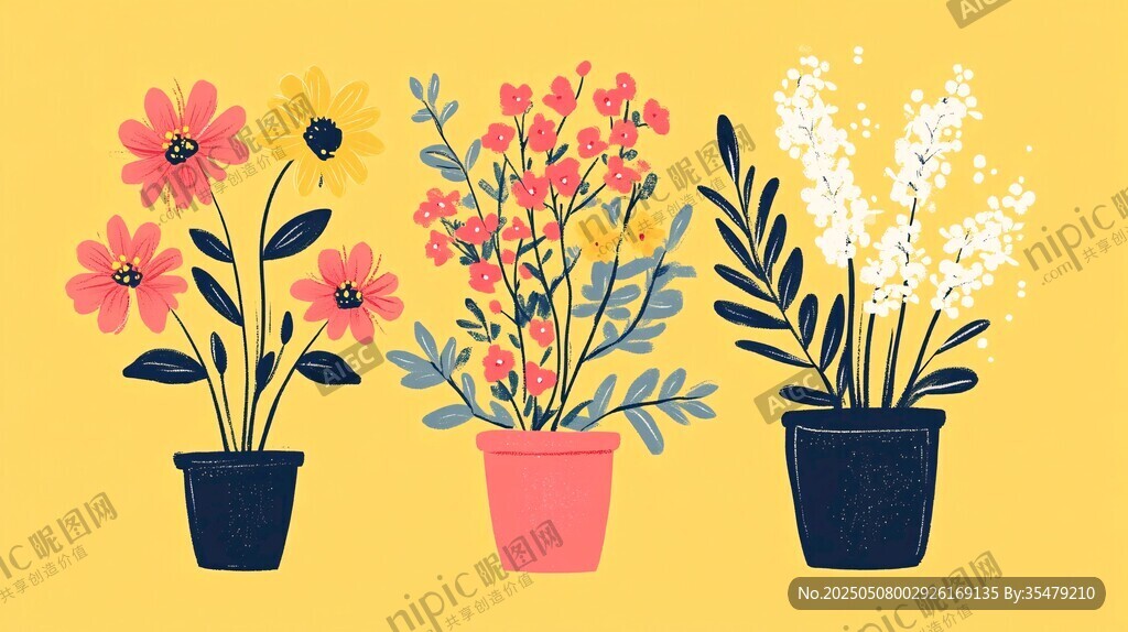 三盆花卉插畫
