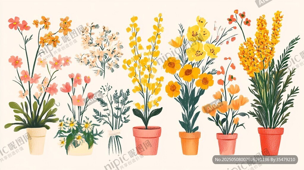 多彩盆栽花卉組合插畫