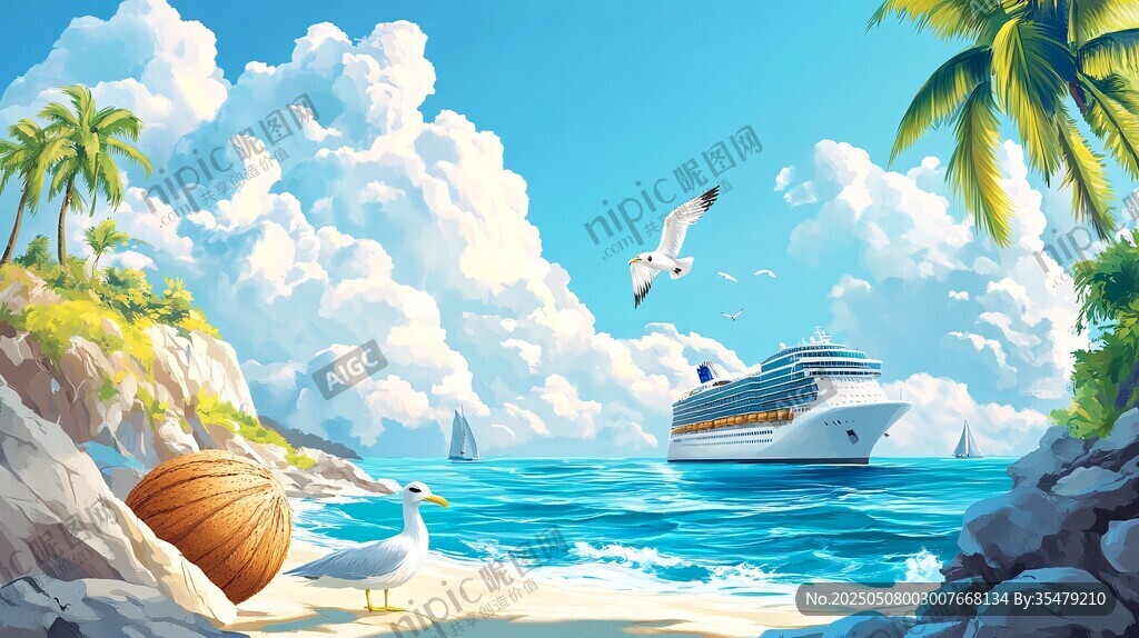 夢幻海濱游輪與海鷗美景