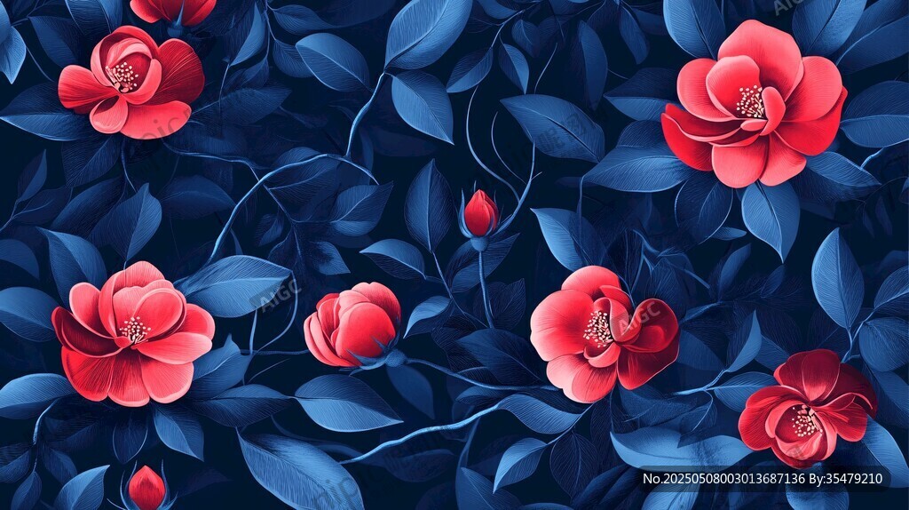深藍背景上的艷麗紅花朵