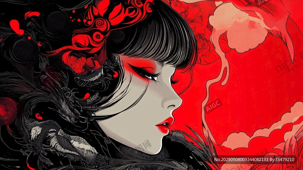 古風紅唇黑發(fā)神秘女子