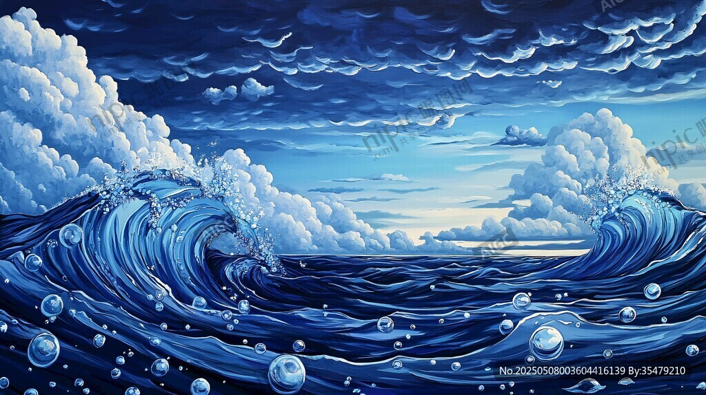 藍色夢幻海洋洶涌波浪圖