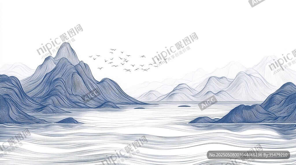 水墨山水間飛鳥掠波圖