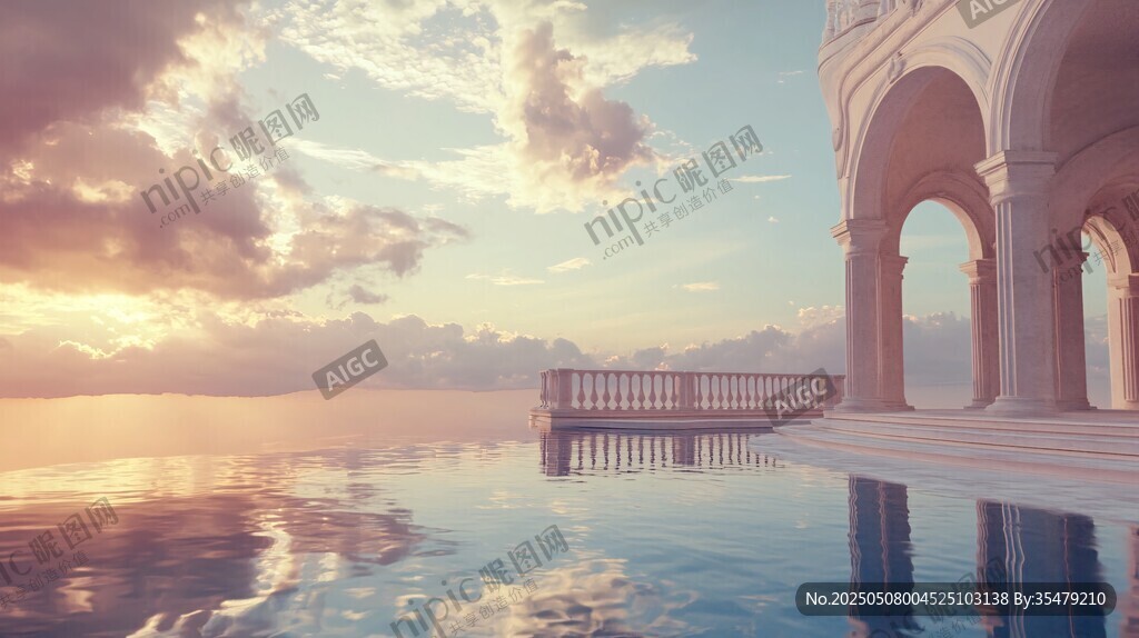 夢幻夕陽下的古典建筑泳池