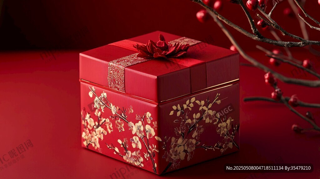 喜慶紅盒配金花紋飾