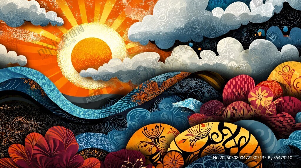夢幻日出海洋風景插畫