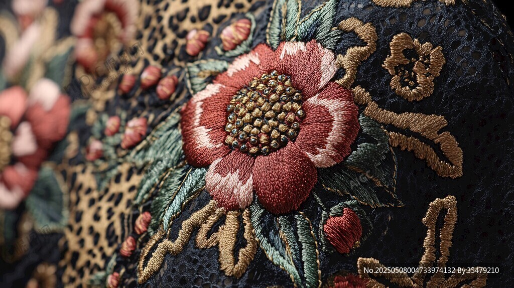 精美刺繡花卉織物特寫