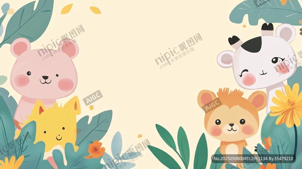 可愛動物在綠植花叢中