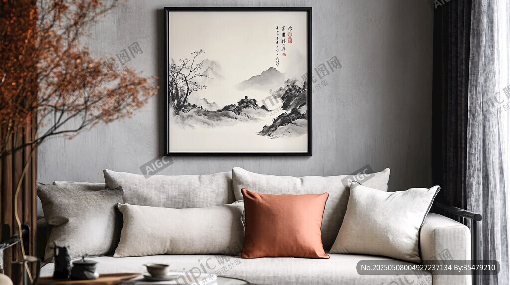 中式客廳里的雅致山水掛畫