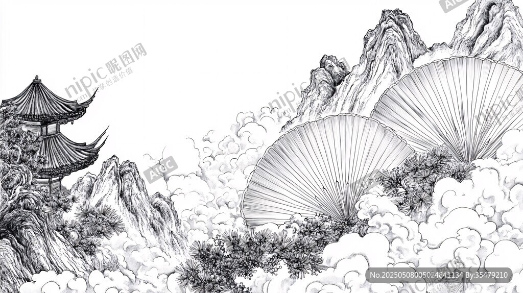 水墨山水間的樓閣與折扇