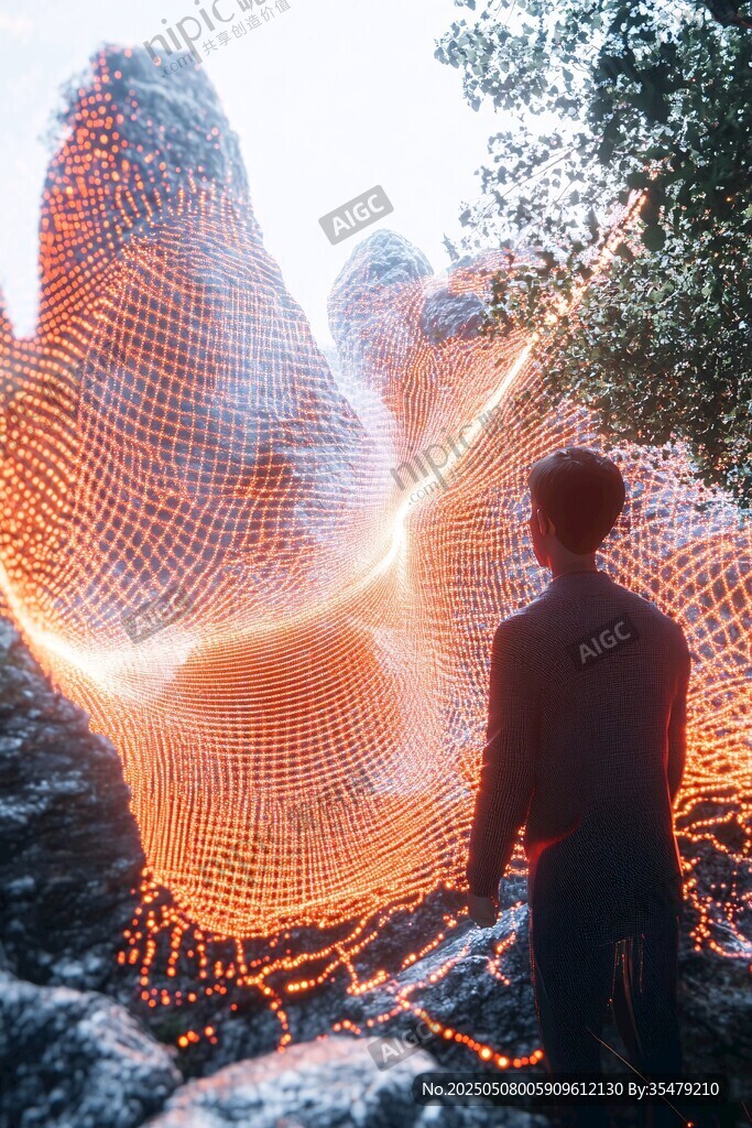 男子凝視奇幻發(fā)光網(wǎng)狀景觀