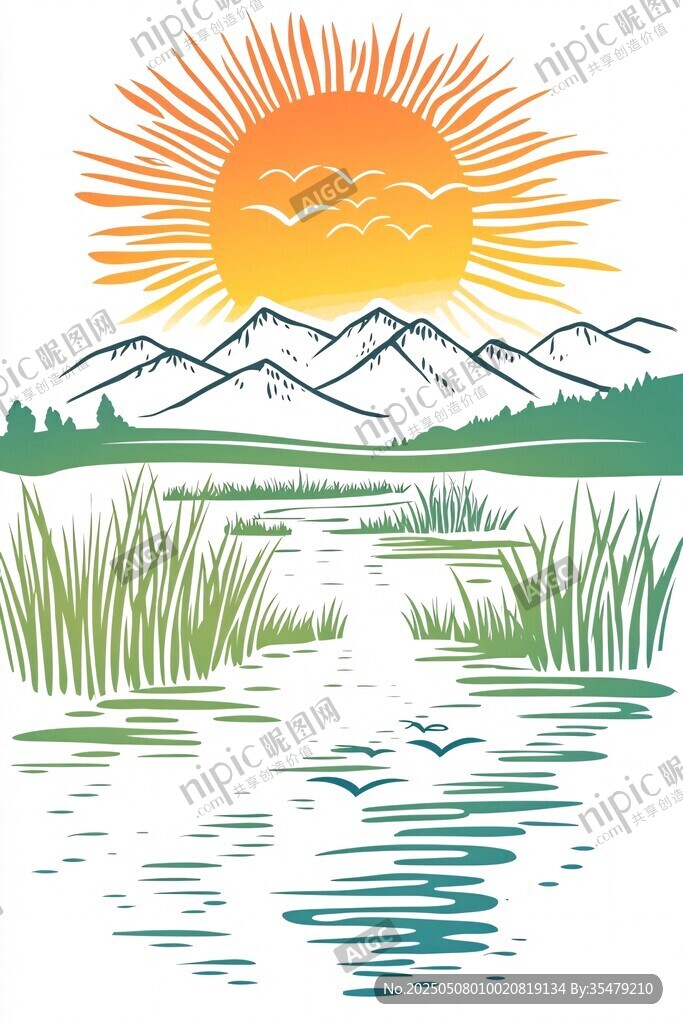 日出山水間自然美景圖