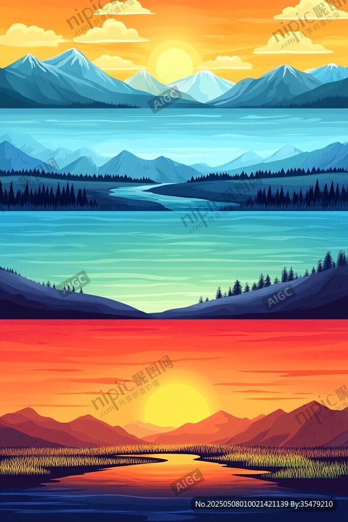 兩幅壯美山水夕陽風(fēng)景圖