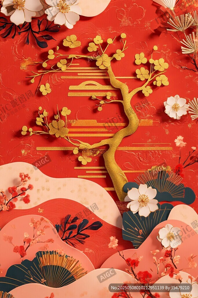 中式喜慶梅花山水裝飾圖