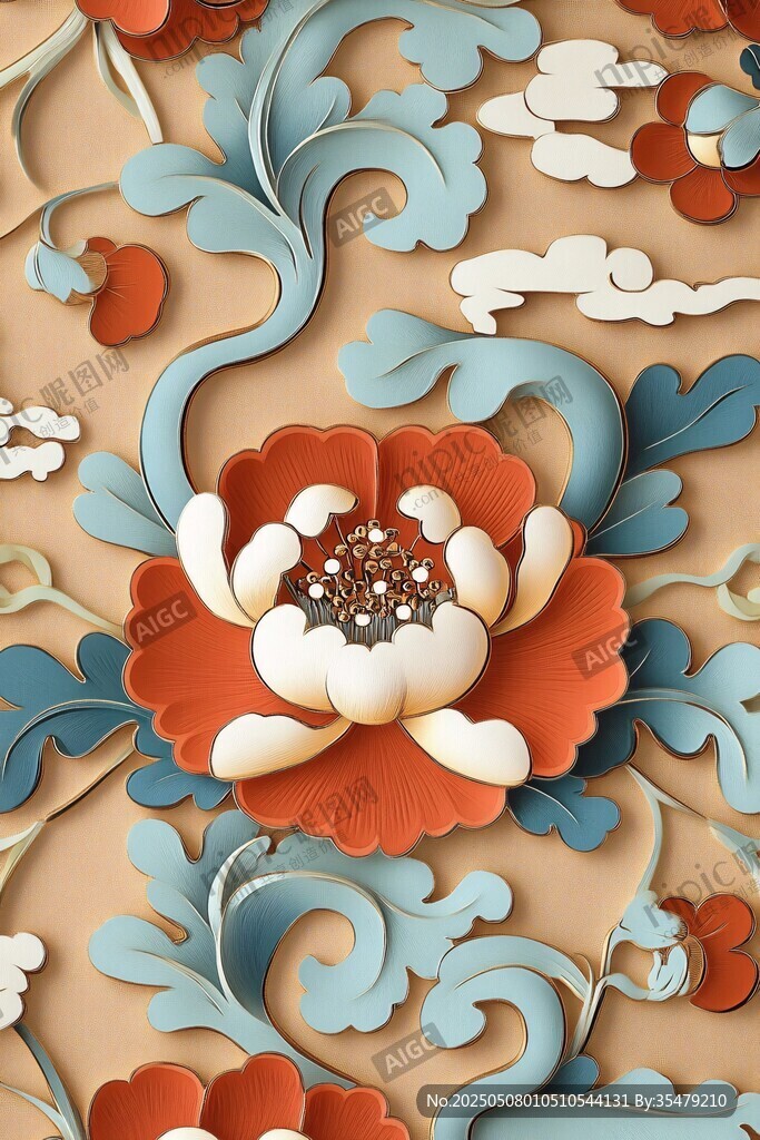 中式浮雕花卉云紋裝飾圖案