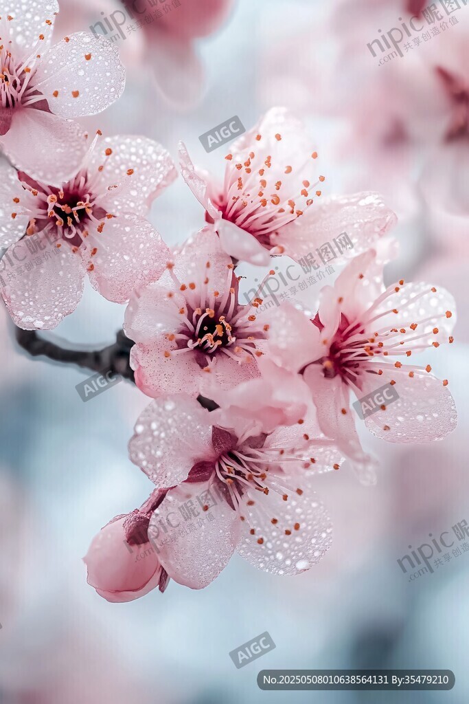 嬌艷帶露桃花枝頭綻放
