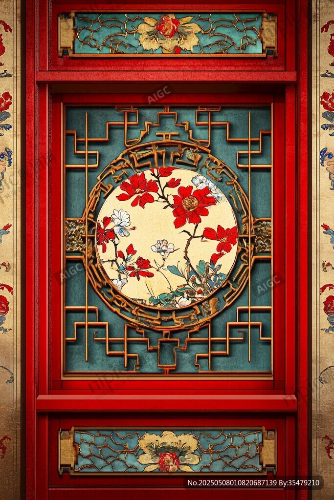 中式雕花紅門窗