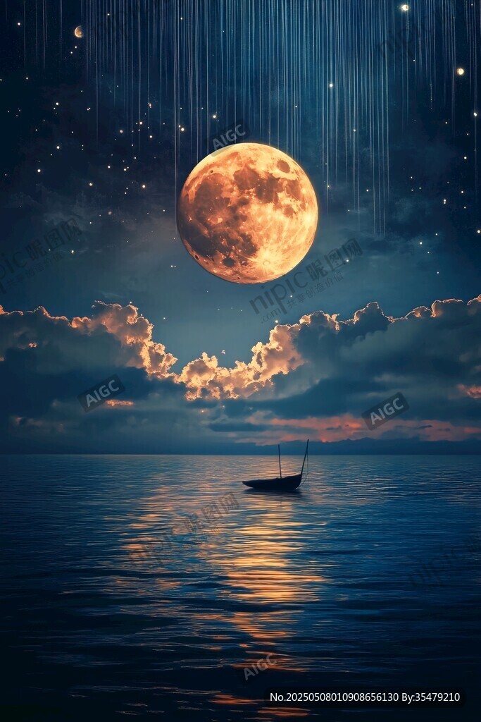 月夜海面孤舟與流星美景