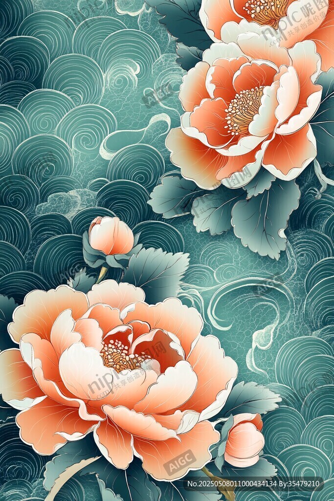 中式牡丹海浪紋精美圖案