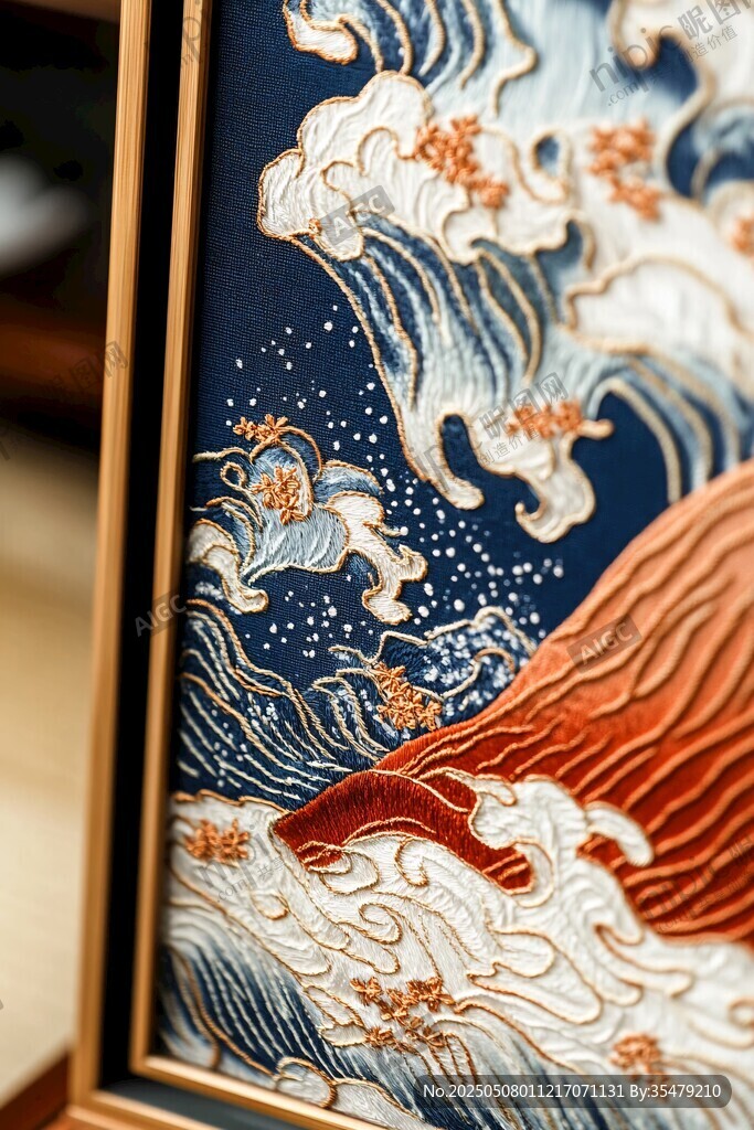 中式刺繡海浪藝術裝飾畫