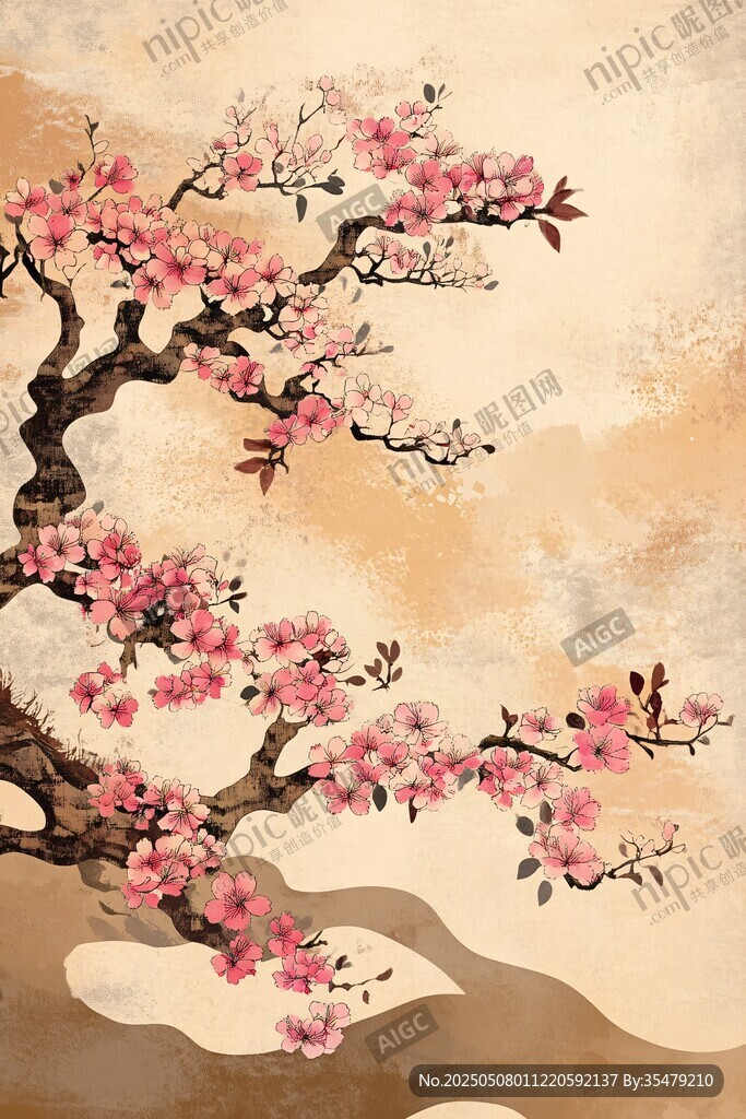 中式水墨風盛開的桃花圖