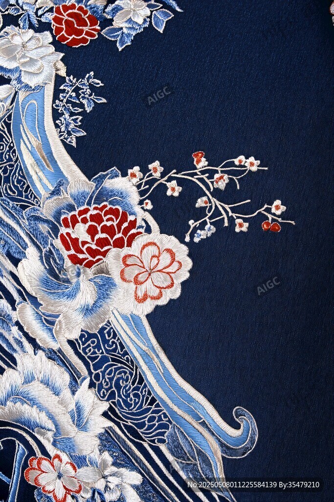 中式刺繡花卉海浪圖案