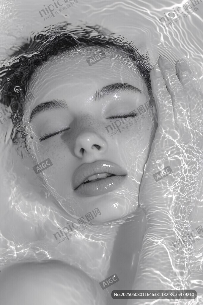 水中閉眼的靜謐女性