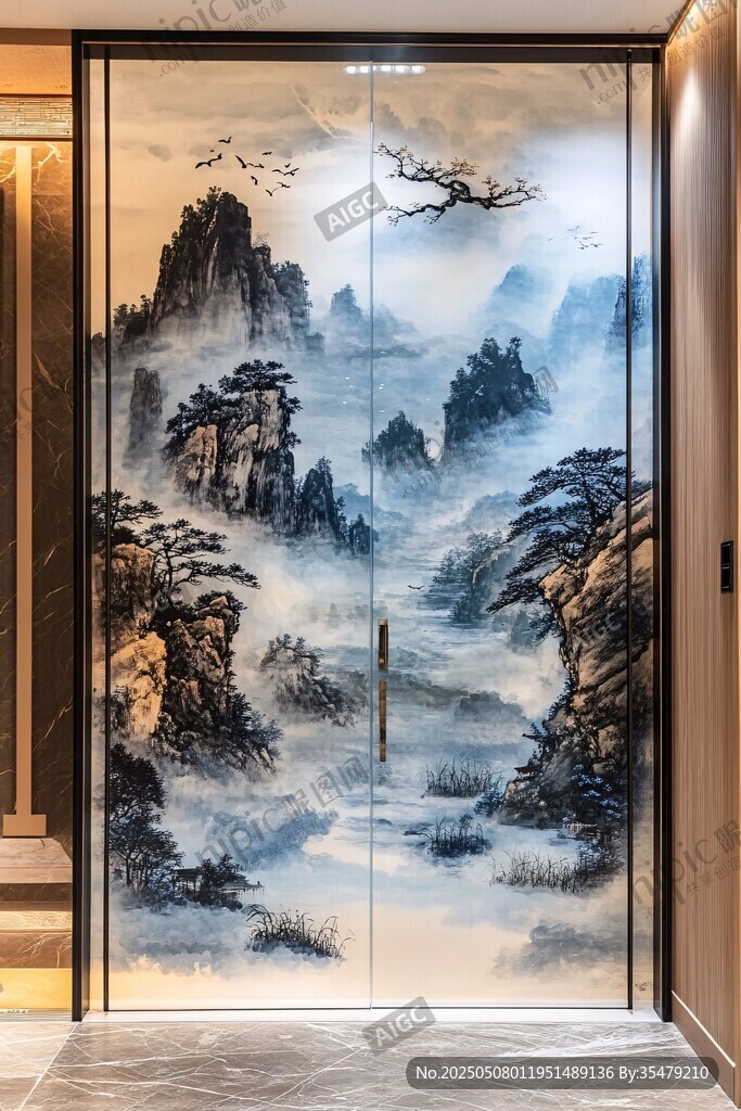 中式山水藝術(shù)玻璃雙開門