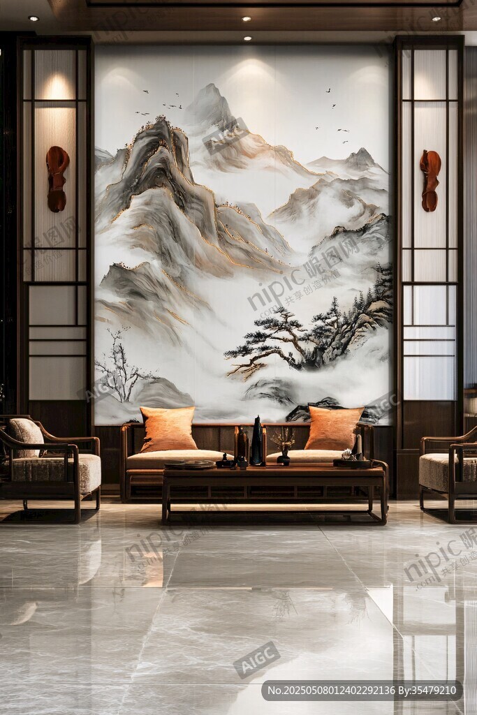 中式客廳山水壁畫裝飾美