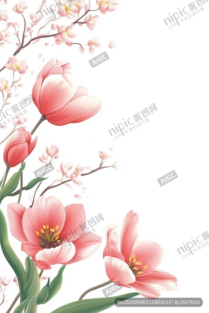 粉色郁金香與花枝插畫