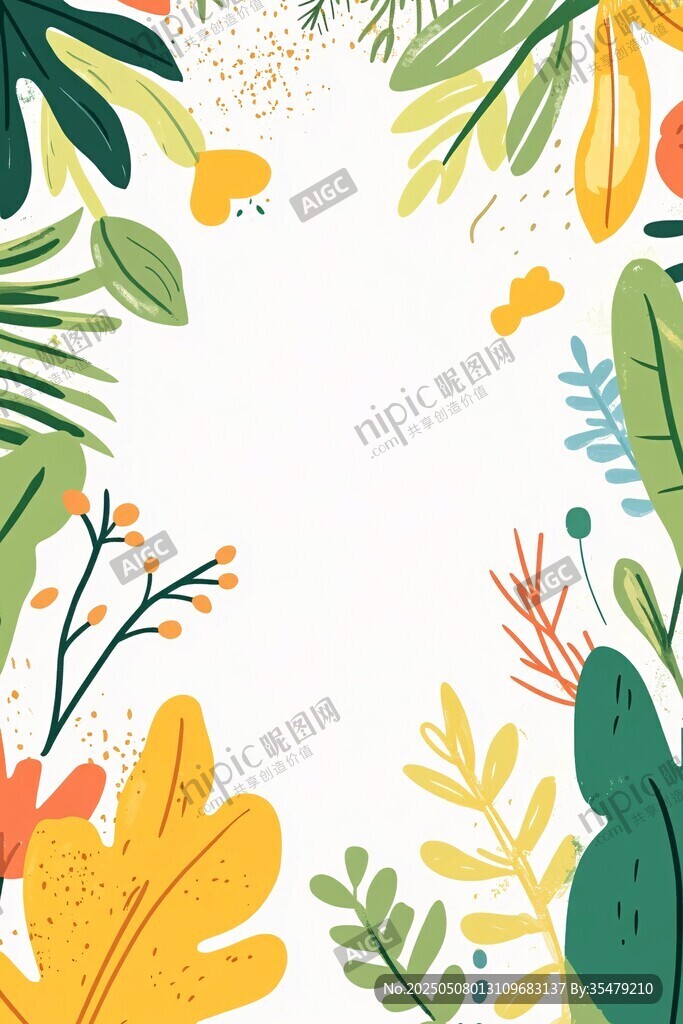 多彩植物邊框插畫