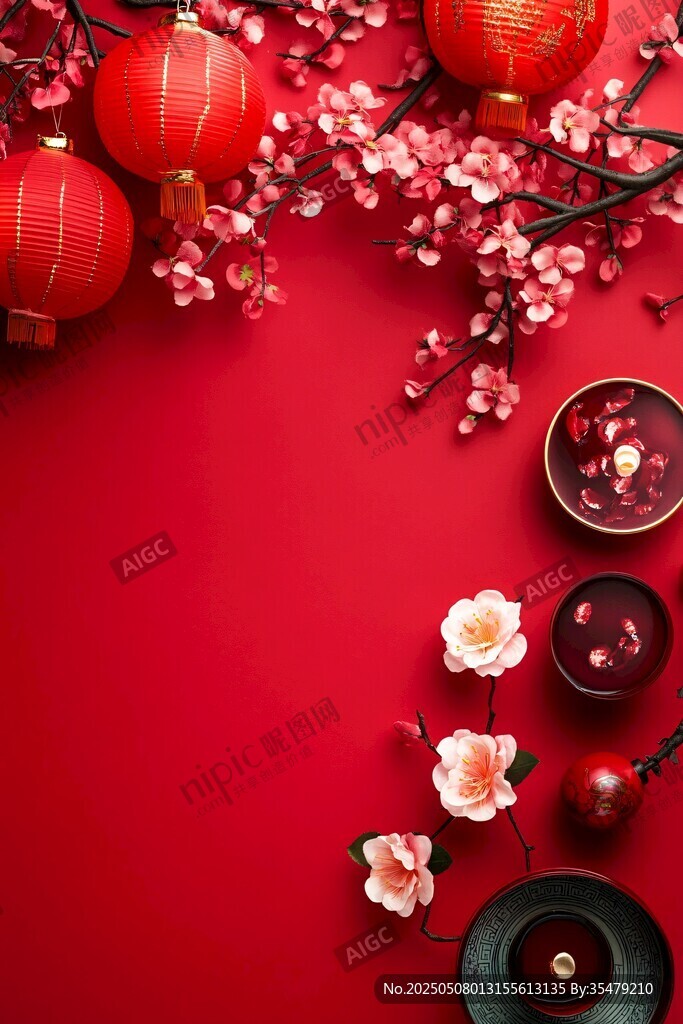 喜慶中國(guó)風(fēng) 紅燈籠與花卉