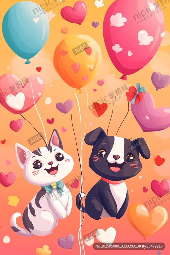 可愛貓狗與愛心氣球插畫