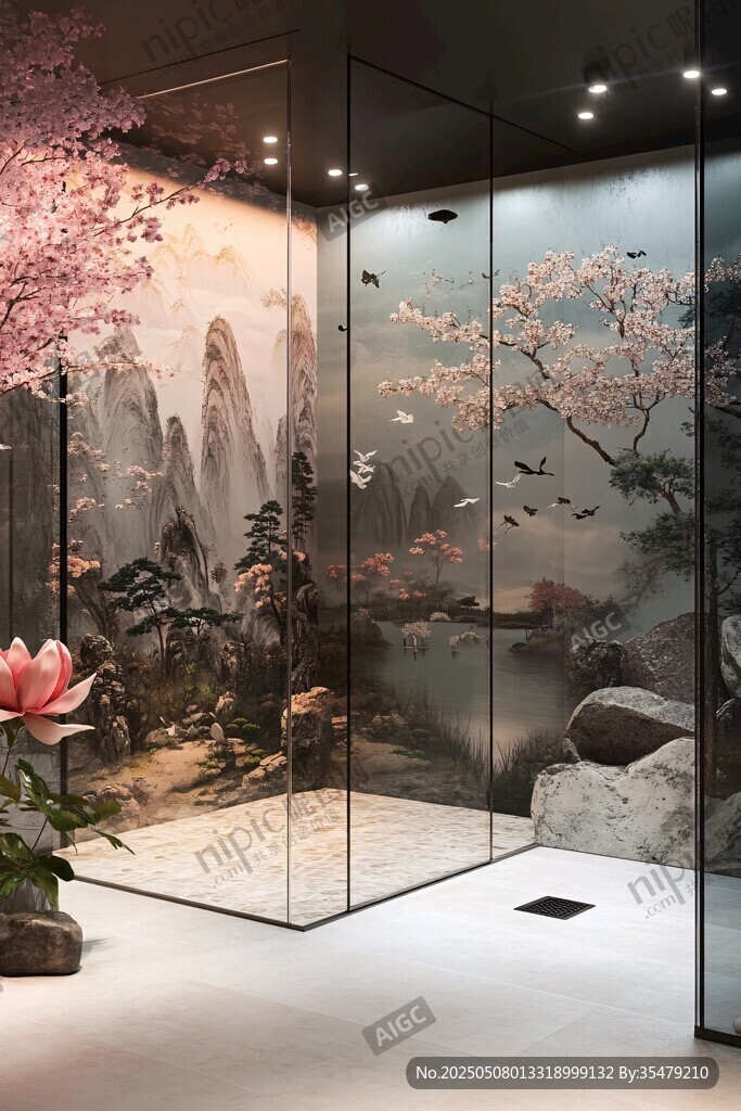 中式山水風玻璃淋浴間