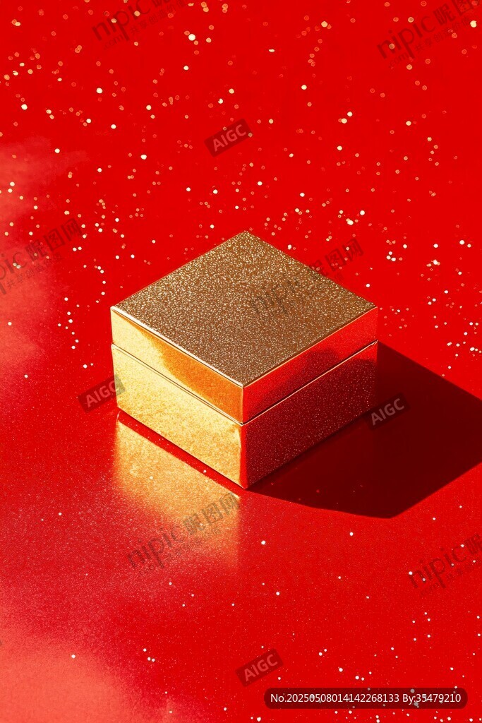 金色禮盒置于喜慶紅背景
