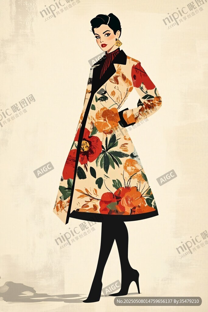 復(fù)古花卉大衣時(shí)尚女性