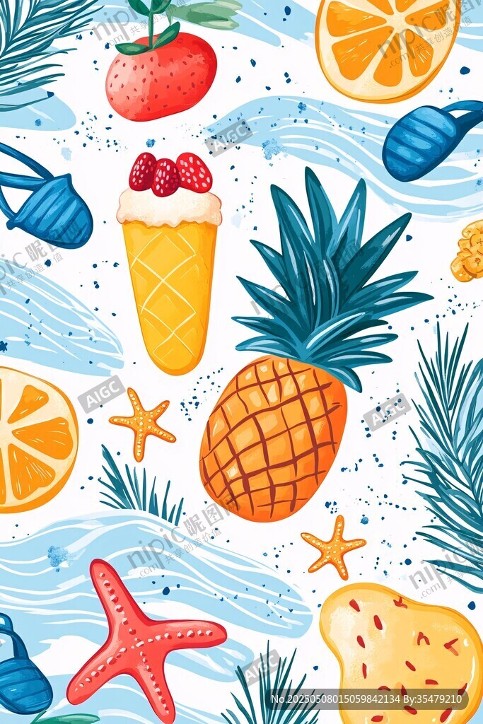 夏日水果海洋元素插畫