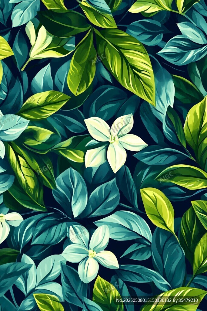 綠葉白花的清新植物圖案