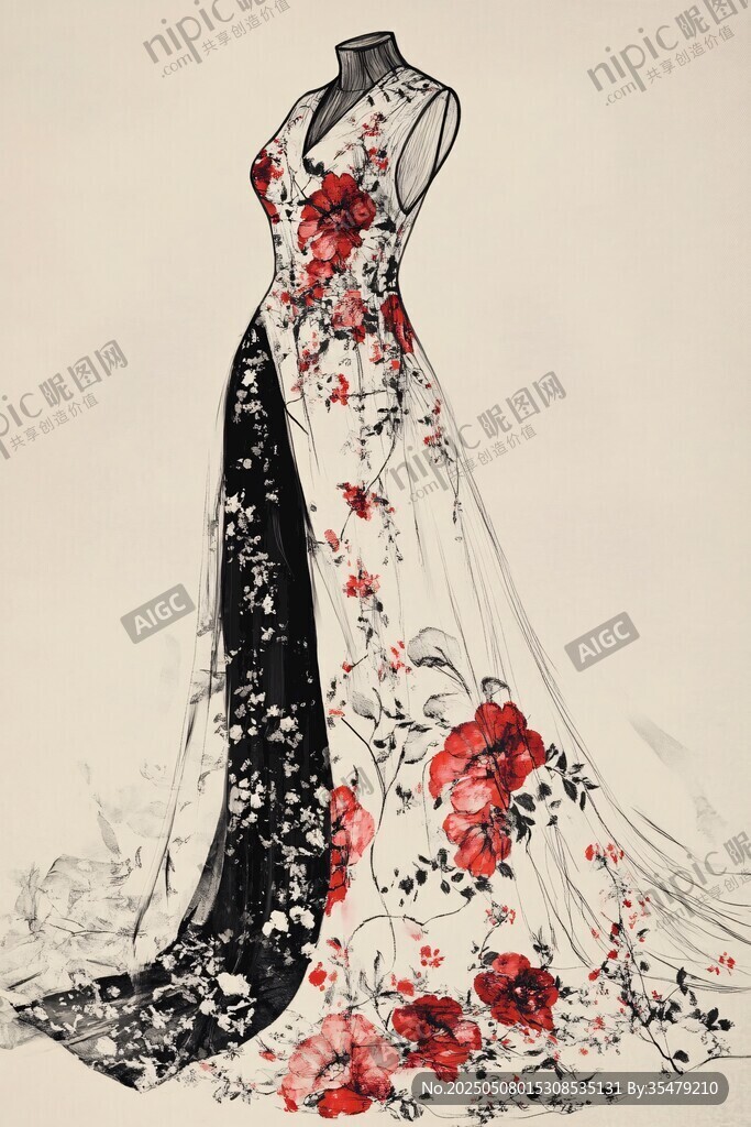 花卉刺繡長裙設(shè)計(jì)手繪圖