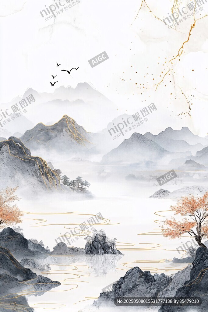 水墨山水間飛鳥(niǎo)映秋景
