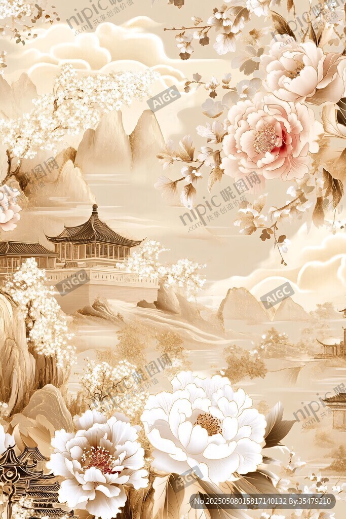 中式山水牡丹古風(fēng)壁畫