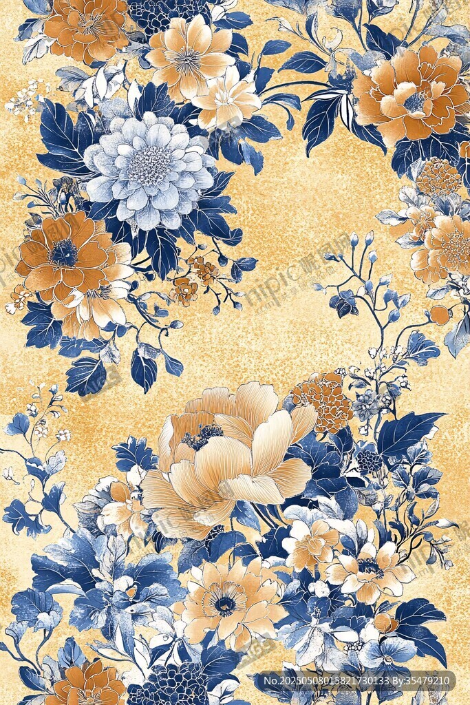 金黃底色藍黃花卉圖案