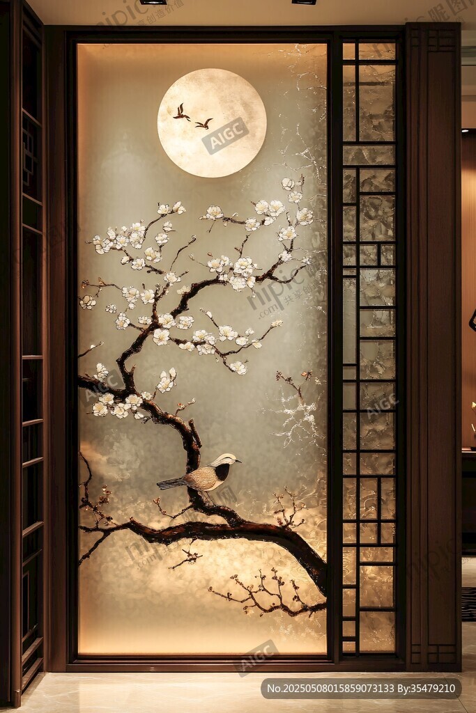中式月景花鳥屏風(fēng)壁畫