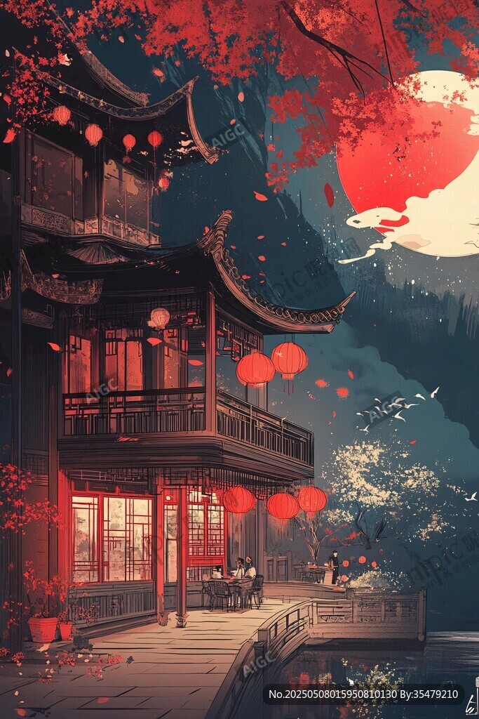 古風月夜下的中式樓閣美景