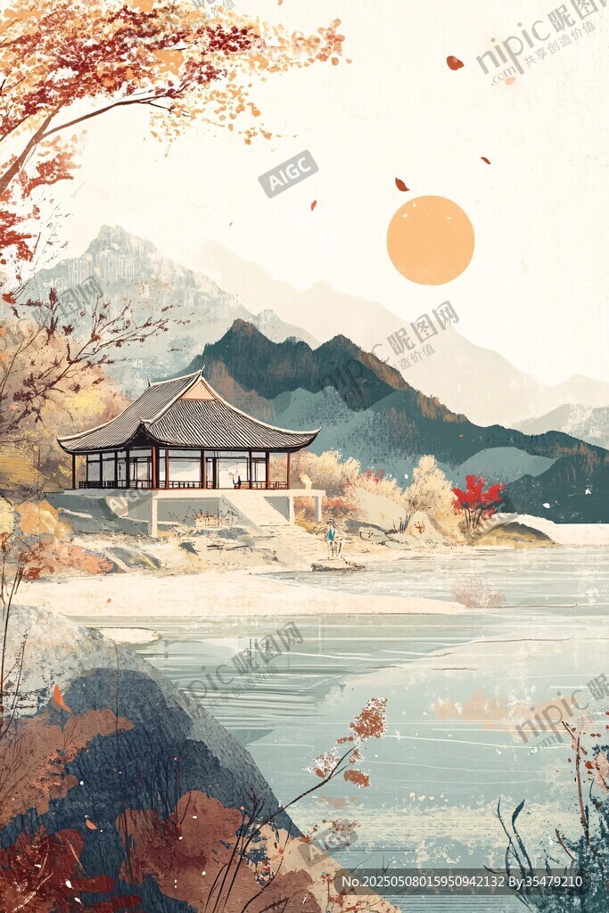 秋日湖畔古風建筑美景
